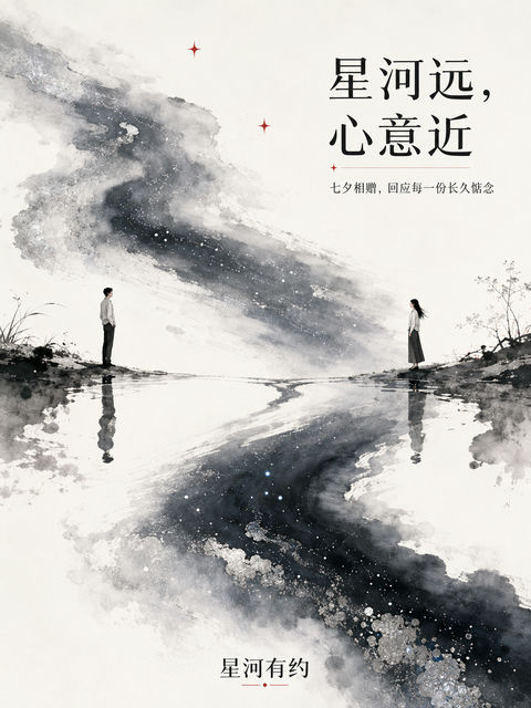星河有约：现代水墨构成的七夕文创商业插画 - AI图片提示词示例