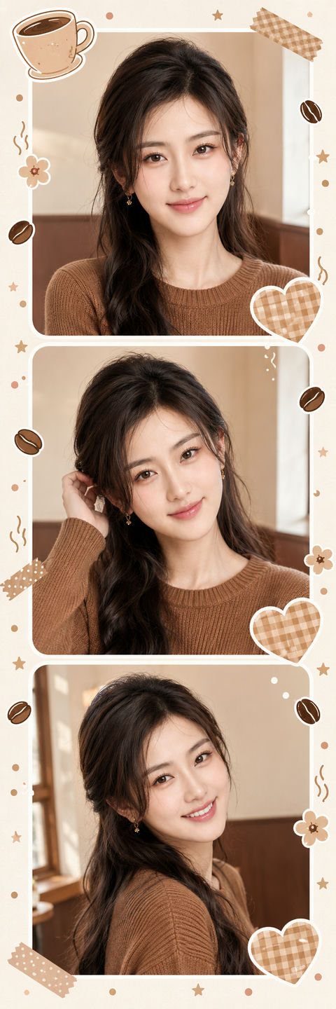 首尔咖啡馆风格三格大头贴燕麦色少女 - AI图片提示词示例