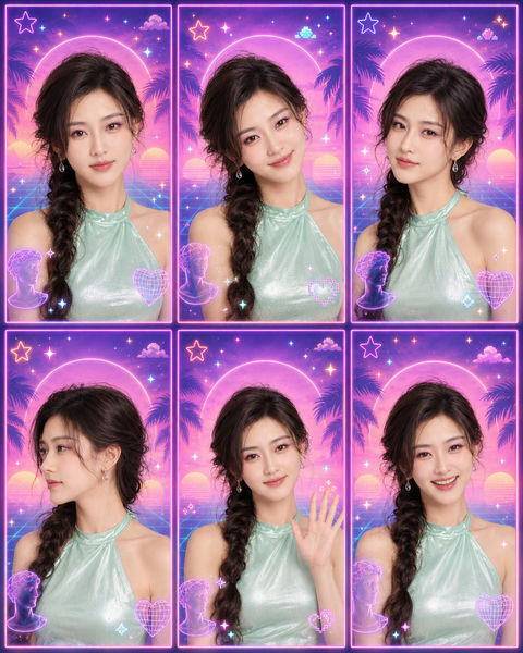 梦幻霓虹蒸汽波六格大头贴少女 - AI图片提示词示例