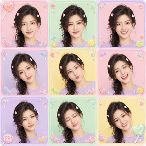 梦幻糖果色九宫格大头贴少女感写真 - AI图片提示词示例
