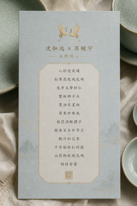 宋韵雅集雨过天青色中式婚礼菜单设计 - AI图片提示词示例