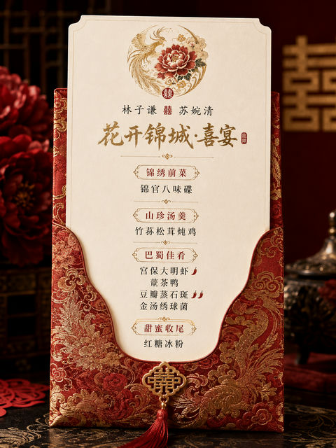 蜀绣芳华：胭脂金影成都新中式婚礼菜单设计 - AI图片提示词示例