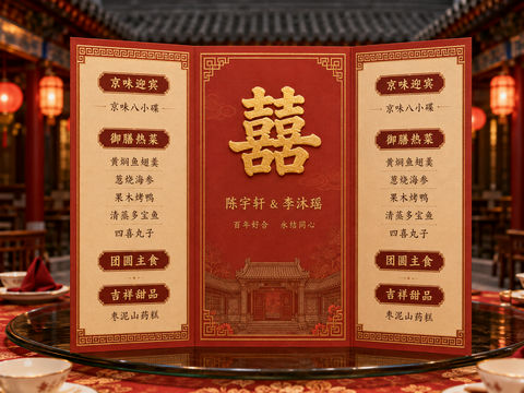宫廷风北派四合院中式婚礼折屏菜单设计 - AI图片提示词示例