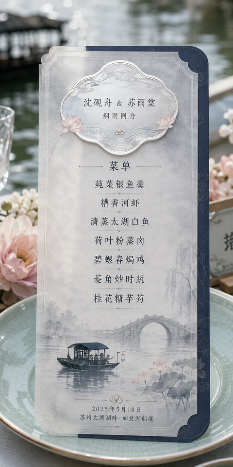 烟雨江南水墨船宴婚礼菜单设计 - AI图片提示词示例