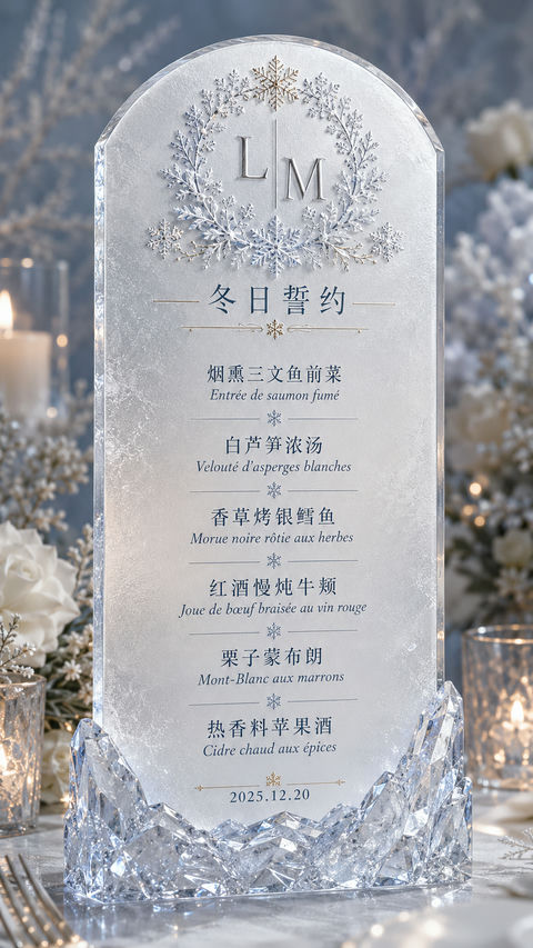 梦幻冰雪婚礼亚克力磨砂质感菜单设计 - AI图片提示词示例