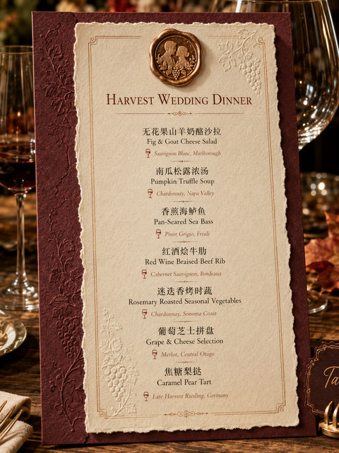 勃艮第红秋日酒庄婚礼菜单设计 - AI图片提示词示例