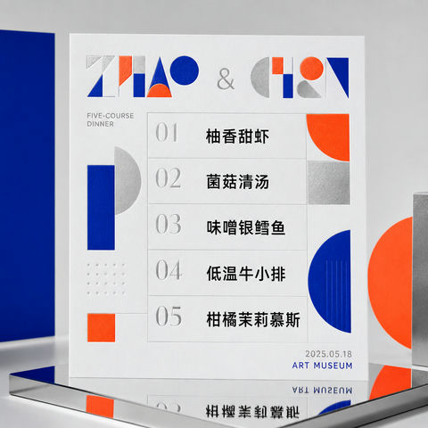 极简克莱因蓝现代艺术馆婚礼菜单设计 - AI图片提示词示例