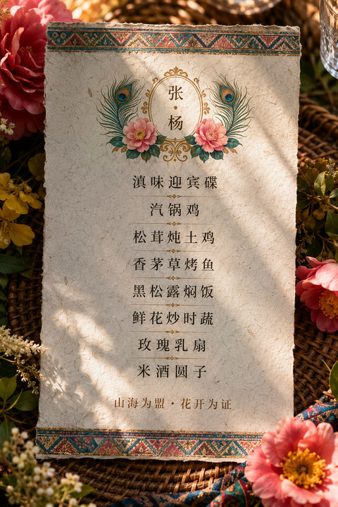 云南民族风花园婚礼艺术菜单设计 - AI图片提示词示例