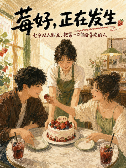 莓好发生：七夕油画棒治愈系甜点插画 - AI图片提示词示例