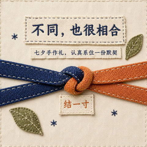 结一寸：针脚间的七夕浪漫礼赞 - AI图片提示词示例