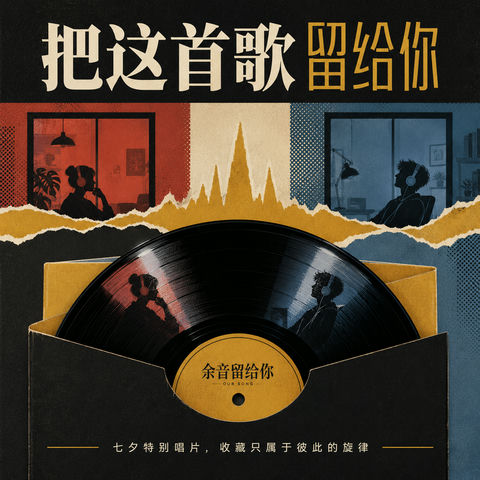 复古拼贴黑胶唱片七夕特别版封面 - AI图片提示词示例
