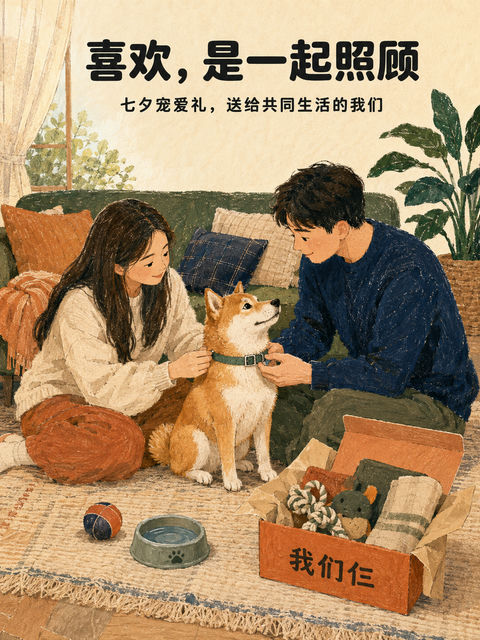 七夕宠物生活：我们仨的温馨客厅时刻 - AI图片提示词示例