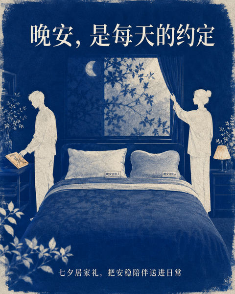 蓝晒艺术风七夕家居礼插画：晚安合伙人 - AI图片提示词示例