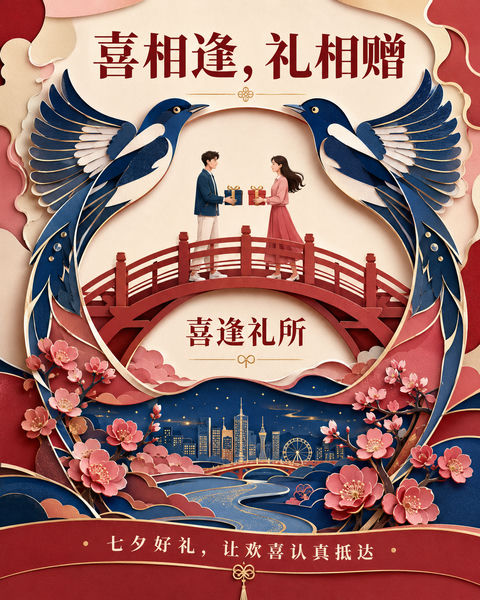 当代剪纸风喜逢礼所七夕品牌海报设计 - AI图片提示词示例
