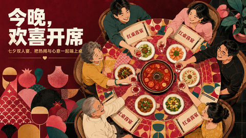 红桌喜宴现代民艺七夕团圆商业插画 - AI图片提示词示例