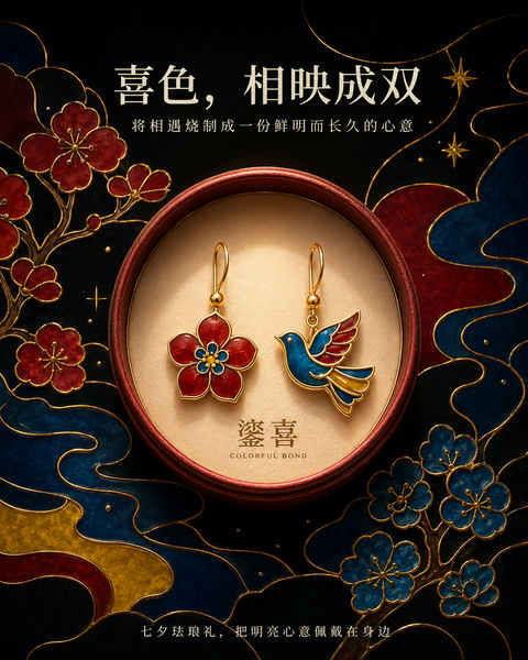 鎏喜七夕：掐丝珐琅工艺耳饰商业插画 - AI图片提示词示例