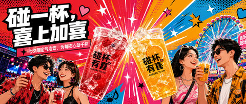波普漫画风七夕限定气泡饮商业海报 - AI图片提示词示例