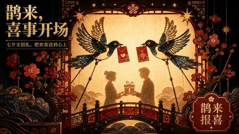 鹊来报喜：现代皮影戏七夕文创商业插画 - AI图片提示词示例