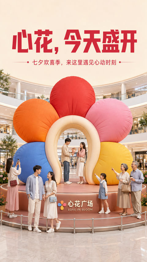 七夕心花广场中庭大型充气花朵美陈插画 - AI图片提示词示例