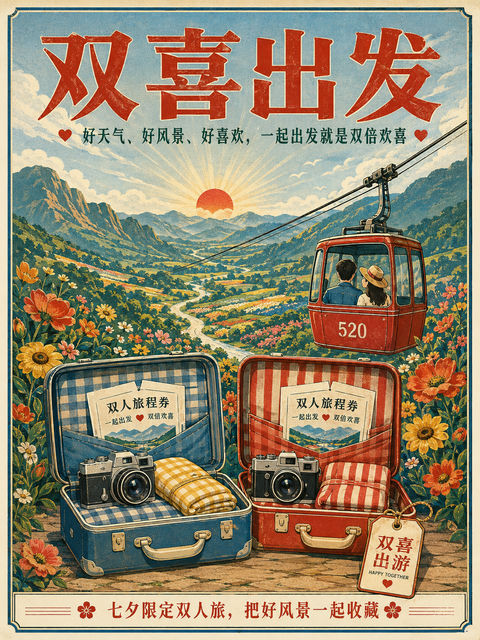 双喜出游七夕限定复古旅行插画海报 - AI图片提示词示例