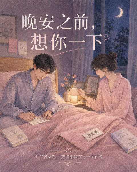 七夕温柔梦境：梦里见品牌色铅笔插画 - AI图片提示词示例