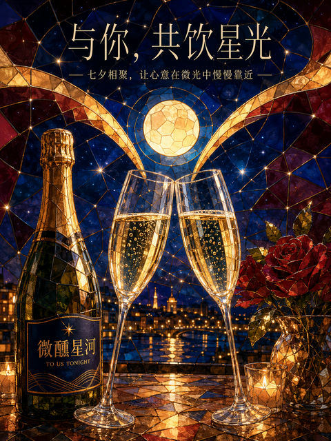 唯美微醺星河彩色玻璃七夕插画 - AI图片提示词示例