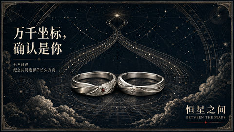 恒星之间：天文铜版蚀刻风七夕婚戒商业插画 - AI图片提示词示例