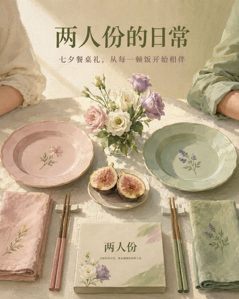 两人份的浪漫日常：水粉风格餐具商业插画 - AI图片提示词示例