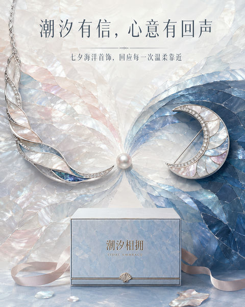 潮汐相拥：七夕海洋灵感珍珠母贝商业插画 - AI图片提示词示例