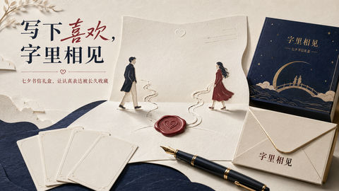浪漫纸雕与活版印刷：七夕字里相见礼盒插画 - AI图片提示词示例