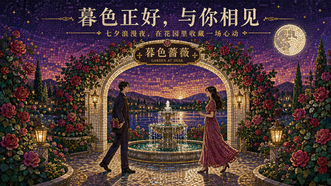 暮色蔷薇七夕花园约会马赛克壁画插画 - AI图片提示词示例