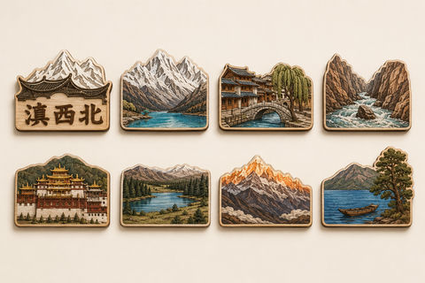 滇西北雪山古城木质浮雕冰箱贴全集 - AI图片提示词示例