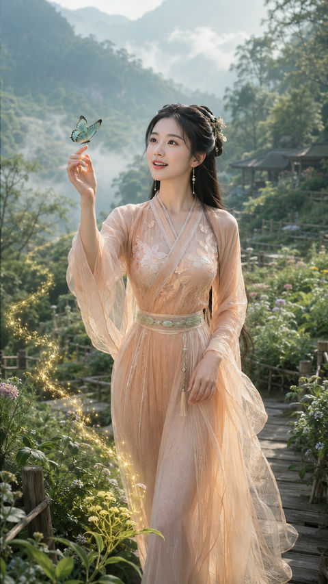 唐风仙韵：百草谷中引路灵蝶仙子 - AI图片提示词示例