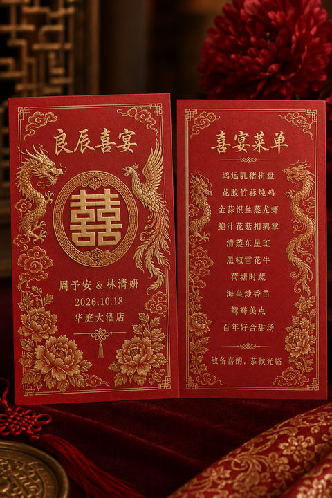 盛世良缘中式红金烫印婚宴菜单设计 - AI图片提示词示例
