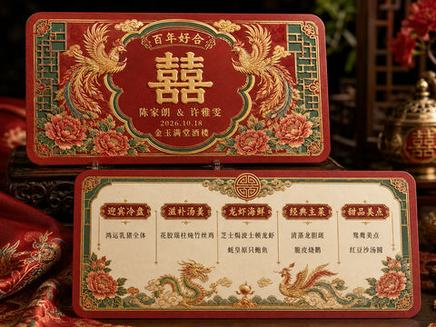 岭南风韵广府传统婚宴龙凤双面菜单 - AI图片提示词示例
