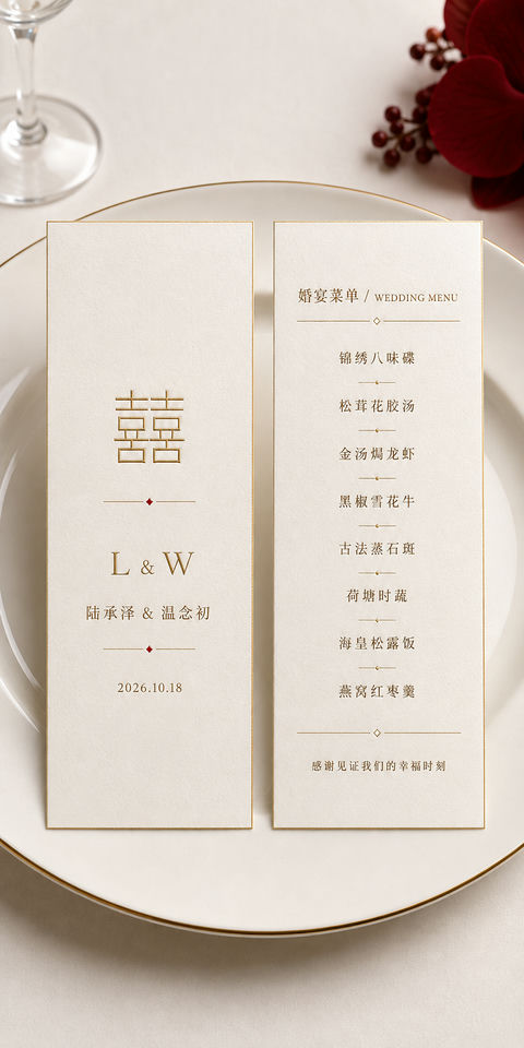 极简现代风暖白金边婚宴菜单设计 - AI图片提示词示例
