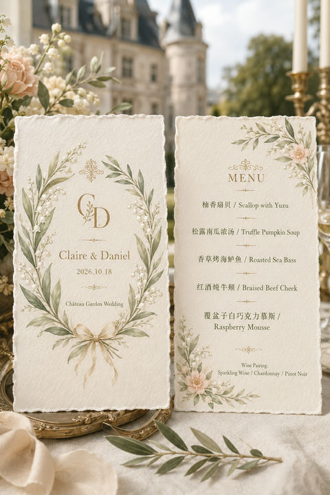 法式庄园浪漫婚礼晚宴双面菜单设计 - AI图片提示词示例