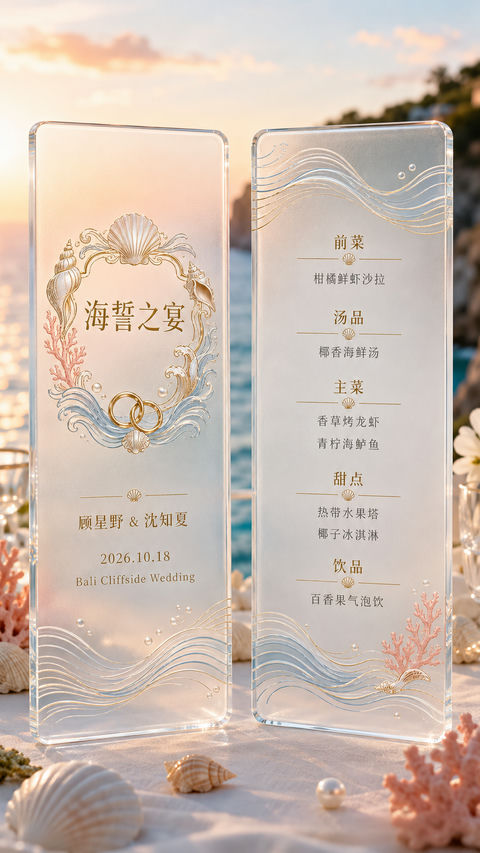 浪漫海岛亚克力半透明磨砂婚礼菜单 - AI图片提示词示例