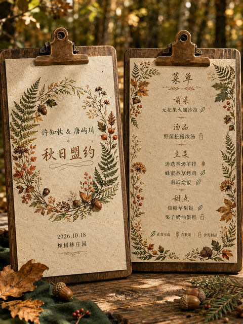 秋日森系婚礼菜单设计燕麦纸质感 - AI图片提示词示例