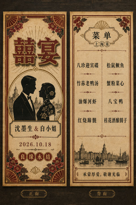 民国老上海复古风情婚宴菜单设计 - AI图片提示词示例