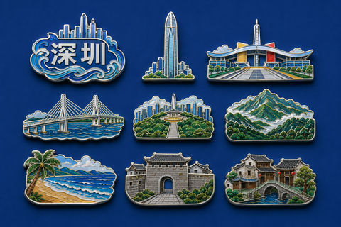 景泰蓝工艺深圳地标全套九枚冰箱贴摄影 - AI图片提示词示例