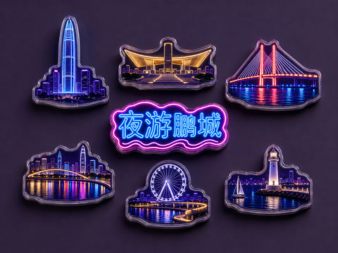 赛博霓虹：深圳湾夜游全套亚克力冰箱贴 - AI图片提示词示例