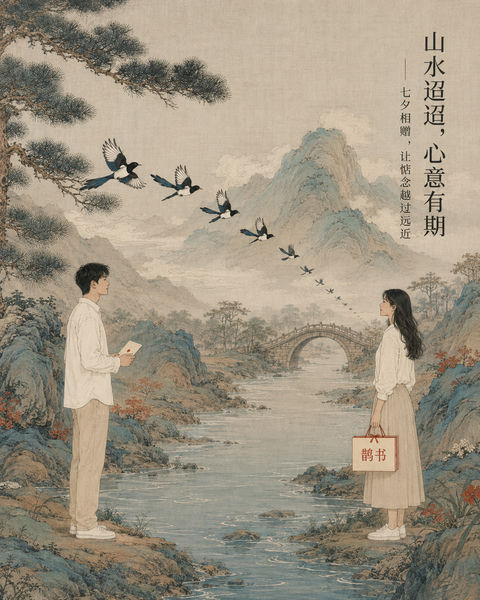 宋韵新风鹊书七夕礼赞山水意境插画 - AI图片提示词示例