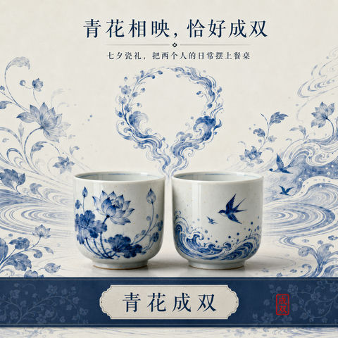 青花相映恰好成双：七夕东方瓷礼包装设计 - AI图片提示词示例