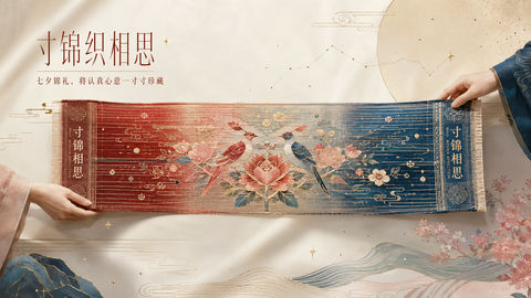 经纬交织寸锦相思七夕高端丝绸插画 - AI图片提示词示例