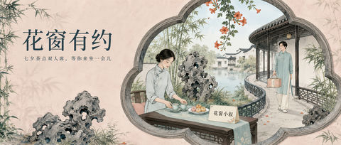 花窗小叙：苏式园林里的七夕浪漫茶席 - AI图片提示词示例