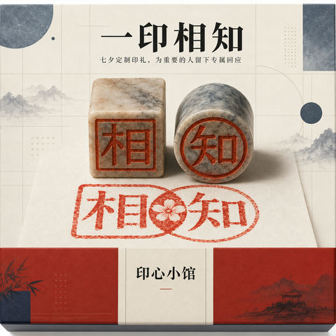 印心小馆七夕一印相知文创插画设计 - AI图片提示词示例