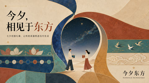 敦煌色彩与现代几何构成的七夕视觉设计 - AI图片提示词示例