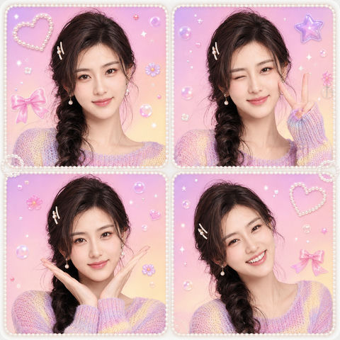 梦幻大头贴复刻：精致四格成年女性写真 - AI图片提示词示例