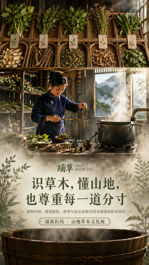 瑶族医药文化移动端开屏品牌海报 - AI图片提示词示例